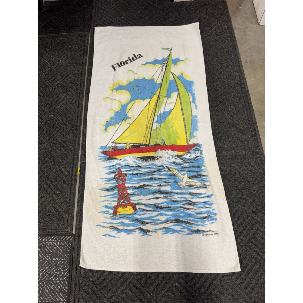 Vintage Sherry MFG Co. FLORIDA Beach Towel Sail Boat Water Bright Color STAINS